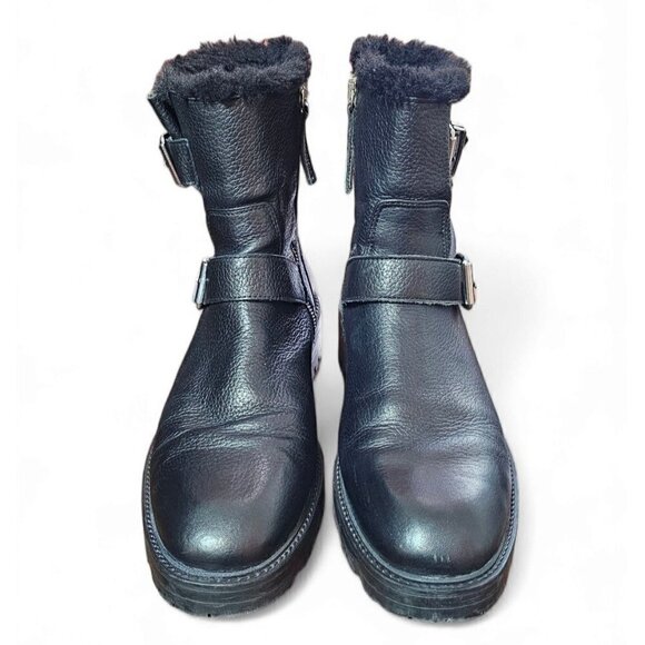 Zara Basic black leather moto combat boots zipper shearling lined EU41 US10 - Picture 11 of 16
